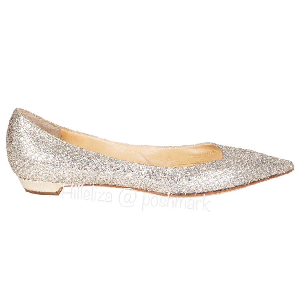 💎 Jimmy Choo Sandy glitter fabric leather flats in champagne silver 36